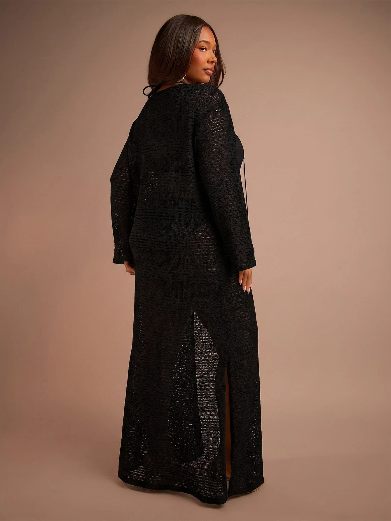 FASHION SZN Plus Size Womens Crochet Beach Cover Up Maxi Kaftan Plus Size Holiday Outfit For Women Beach Wear Lace Up Tie Front Flare Sleeve Elegant Beach Club Party Occasion Loose Fit Fine Knit Holid