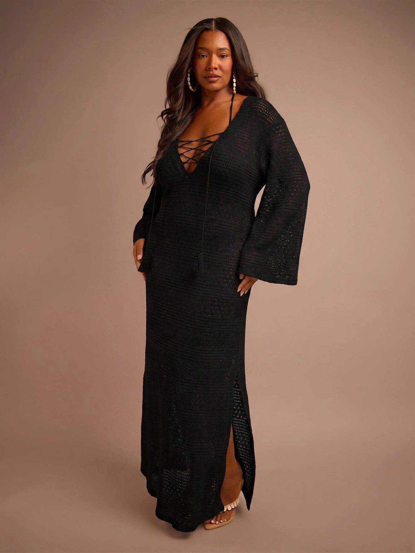 FASHION SZN Plus Size Womens Crochet Beach Cover Up Maxi Kaftan Plus Size Holiday Outfit For Women Beach Wear Lace Up Tie Front Flare Sleeve Elegant Beach Club Party Occasion Loose Fit Fine Knit Holid