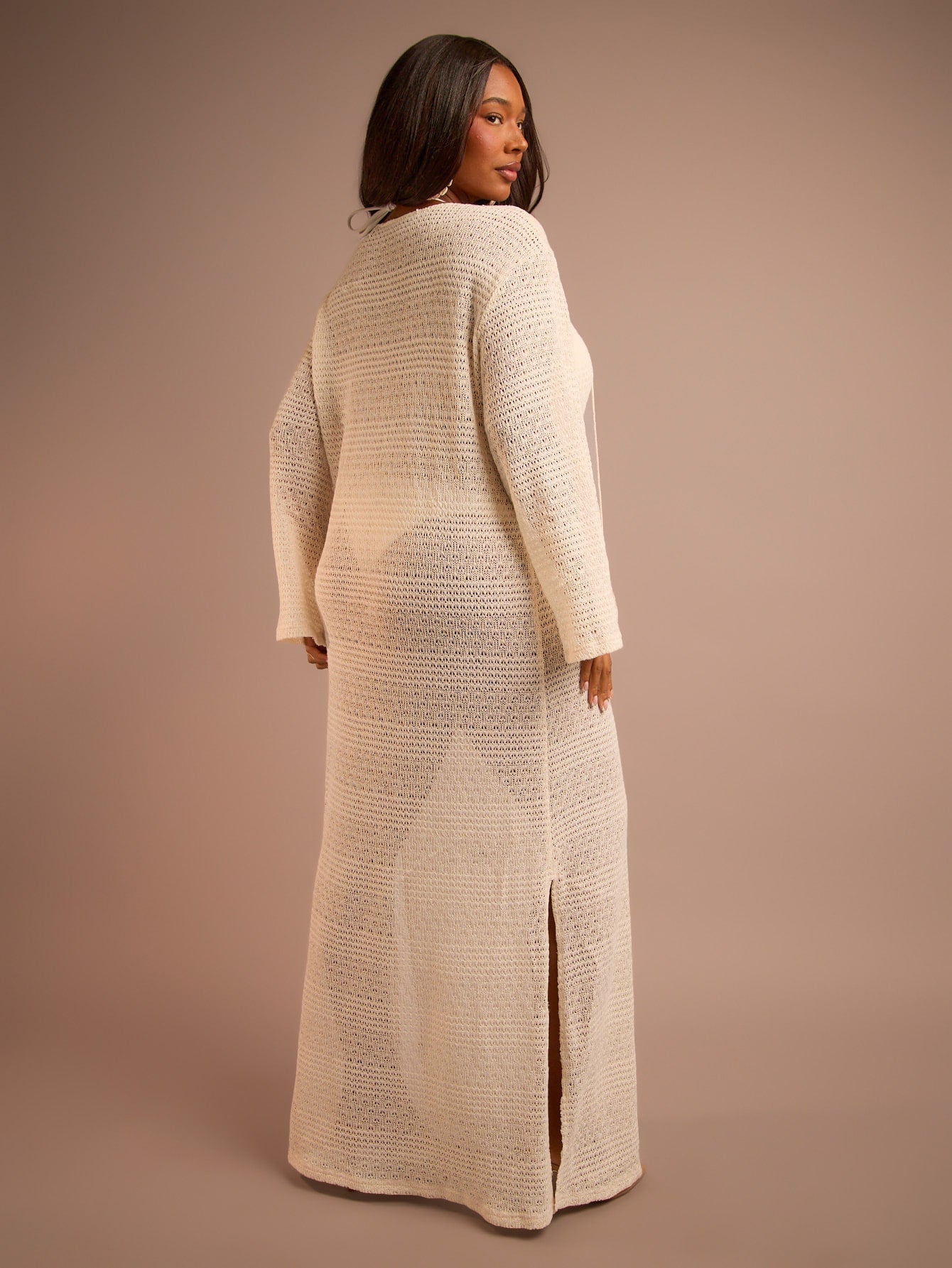 FASHION SZN Plus Size Womens Crochet Beach Cover Up Maxi Kaftan Plus Size Holiday Outfit For Women Beach Wear Lace Up Tie Front Flare Sleeve Elegant Beach Club Party Occasion Loose Fit Fine Knit Holid