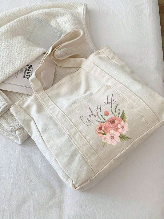 Fashionable Semi-Circle Beige Women's Handbag, Decorated With Letters, Flowers, Jesus Patterns And Pockets, Minimalist Christian Printed Shoulder Bag, Minimalist Tote Bag, Beige Casual Style, Backpack