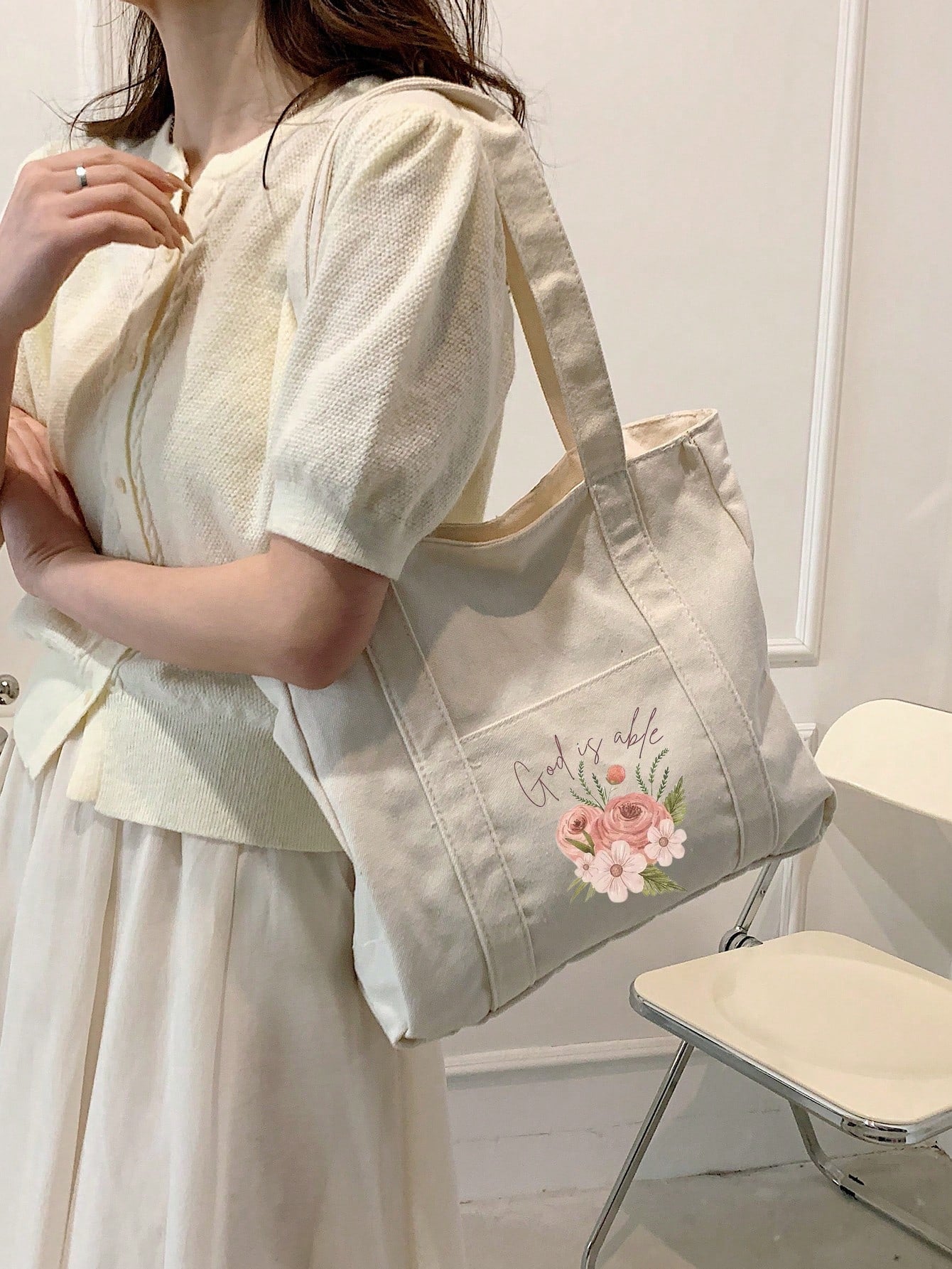 Fashionable Semi-Circle Beige Women's Handbag, Decorated With Letters, Flowers, Jesus Patterns And Pockets, Minimalist Christian Printed Shoulder Bag, Minimalist Tote Bag, Beige Casual Style, Backpack