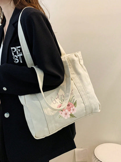 Fashionable Semi-Circle Beige Women's Handbag, Decorated With Letters, Flowers, Jesus Patterns And Pockets, Minimalist Christian Printed Shoulder Bag, Minimalist Tote Bag, Beige Casual Style, Backpack