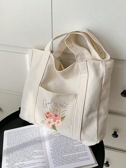 Fashionable Semi-Circle Beige Women's Handbag, Decorated With Letters, Flowers, Jesus Patterns And Pockets, Minimalist Christian Printed Shoulder Bag, Minimalist Tote Bag, Beige Casual Style, Backpack
