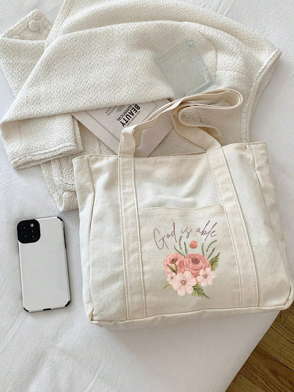 Fashionable Semi-Circle Beige Women's Handbag, Decorated With Letters, Flowers, Jesus Patterns And Pockets, Minimalist Christian Printed Shoulder Bag, Minimalist Tote Bag, Beige Casual Style, Backpack