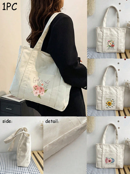 Fashionable Semi-Circle Beige Women's Handbag, Decorated With Letters, Flowers, Jesus Patterns And Pockets, Minimalist Christian Printed Shoulder Bag, Minimalist Tote Bag, Beige Casual Style, Backpack