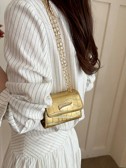 Fashionable Ultra Mini Crocodile Embossed Flap Shoulder Bag, Crossbody Bag, Metal Hardware Decoration, Metal Chain Strap, Suitable For Women Shopping, Dating, Gifts And Daily Use