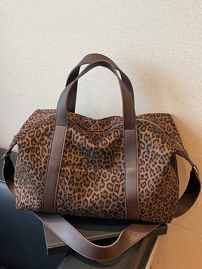 Fashionable Velvet Leopard Print Leather Handbag, Large Capacity, Travel Bag, Gym Bag, Duffle Bag, Portable, Lightweight, Durable, Stylish, For Home