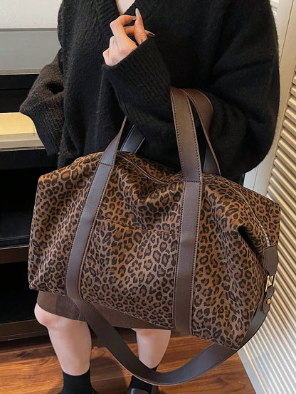 Fashionable Velvet Leopard Print Leather Handbag, Large Capacity, Travel Bag, Gym Bag, Duffle Bag, Portable, Lightweight, Durable, Stylish, For Home