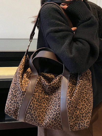 Fashionable Velvet Leopard Print Leather Handbag, Large Capacity, Travel Bag, Gym Bag, Duffle Bag, Portable, Lightweight, Durable, Stylish, For Home