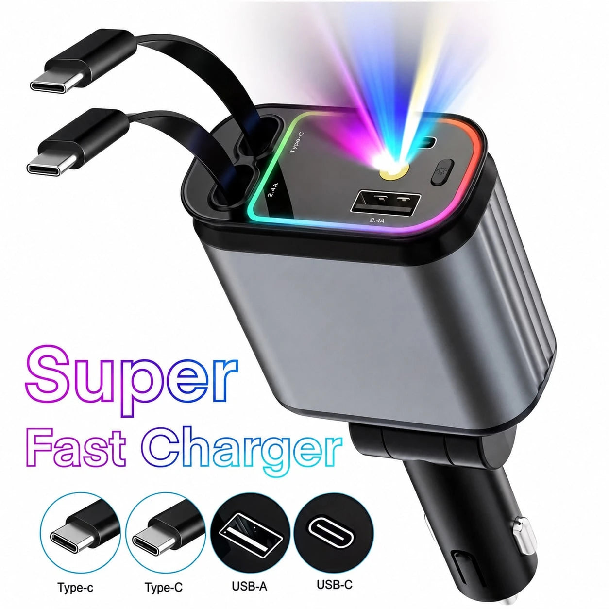 Fast Charging Mobile Car Charger 65W 4-In-1 Retractable Car ChargerStar Projector Color Breathing Light. It Comes With Two Built-In 80cm Retractable Type-C Charging Cables, Plus Additional USB-A And T