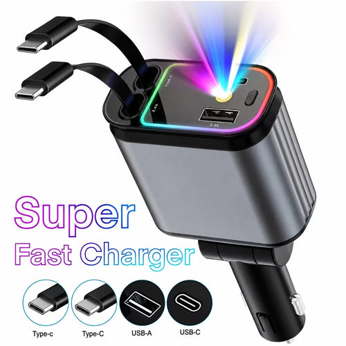 Fast Charging Mobile Car Charger 65W 4-In-1 Retractable Car ChargerStar Projector Color Breathing Light. It Comes With Two Built-In 80cm Retractable Type-C Charging Cables, Plus Additional USB-A And T