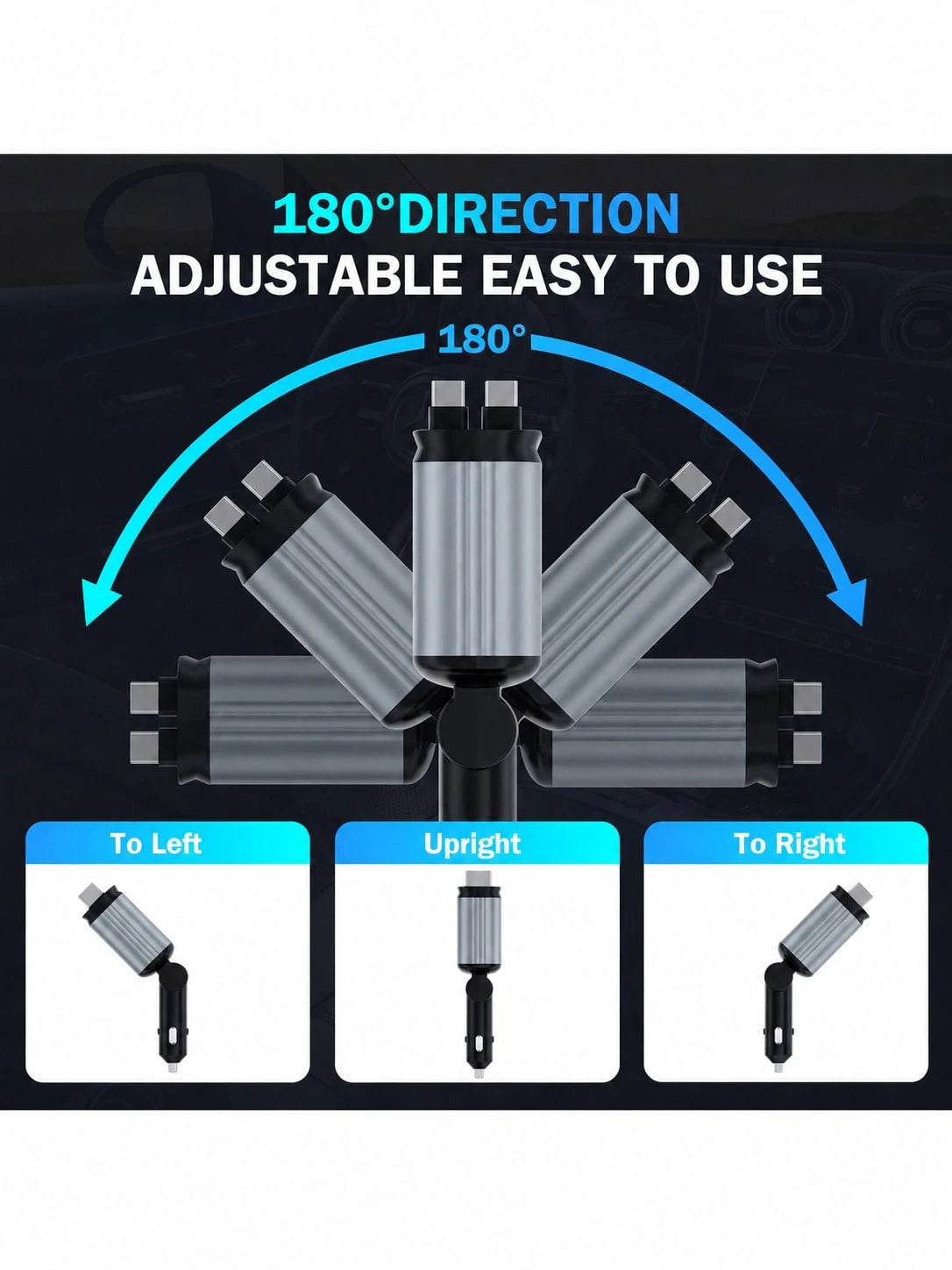 Fast Charging Mobile Car Charger 65W 4-In-1 Retractable Car ChargerStar Projector Color Breathing Light. It Comes With Two Built-In 80cm Retractable Type-C Charging Cables, Plus Additional USB-A And T