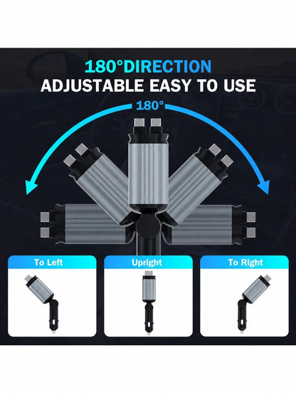 Fast Charging Mobile Car Charger 65W 4-In-1 Retractable Car ChargerStar Projector Color Breathing Light. It Comes With Two Built-In 80cm Retractable Type-C Charging Cables, Plus Additional USB-A And T