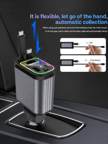 Fast Charging Mobile Car Charger 65W 4-In-1 Retractable Car ChargerStar Projector Color Breathing Light. It Comes With Two Built-In 80cm Retractable Type-C Charging Cables, Plus Additional USB-A And T