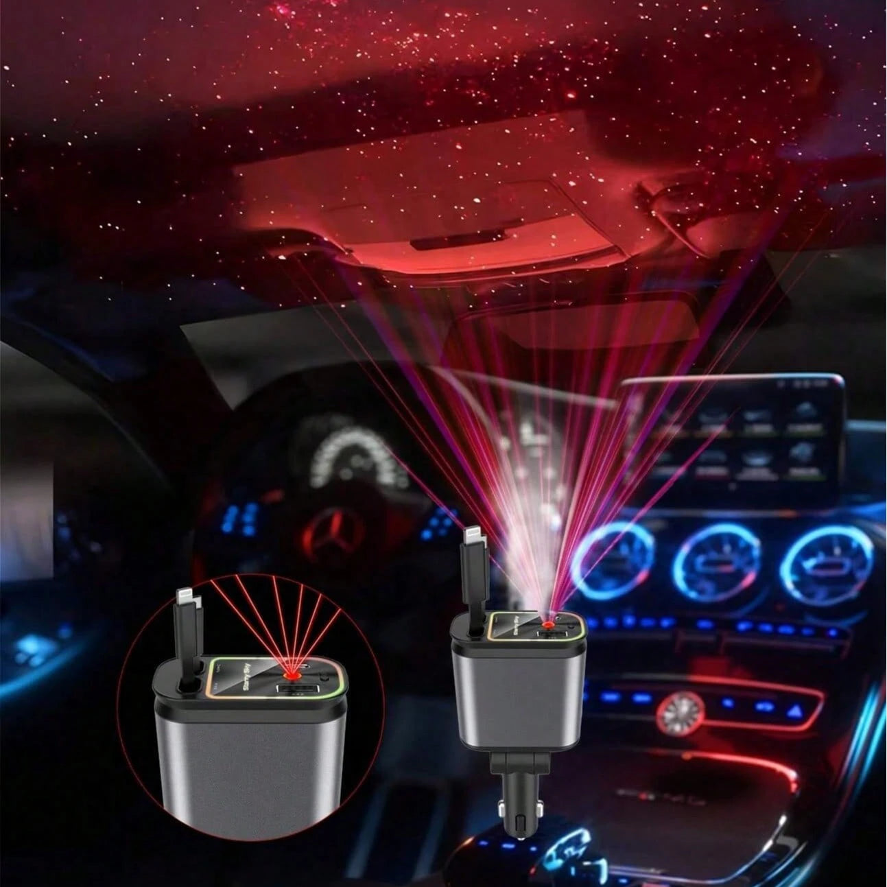 Fast Charging Mobile Car Charger 65W 4-In-1 Retractable Car ChargerStar Projector Color Breathing Light. It Comes With Two Built-In 80cm Retractable Type-C Charging Cables, Plus Additional USB-A And T