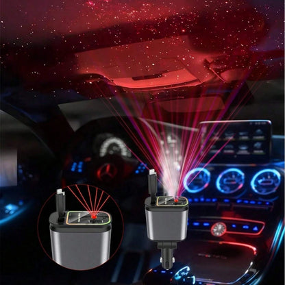 Fast Charging Mobile Car Charger 65W 4-In-1 Retractable Car ChargerStar Projector Color Breathing Light. It Comes With Two Built-In 80cm Retractable Type-C Charging Cables, Plus Additional USB-A And T