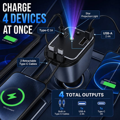Fast Charging Mobile Car Charger 65W 4-In-1 Retractable Car ChargerStar Projector Color Breathing Light. It Comes With Two Built-In 80cm Retractable Type-C Charging Cables, Plus Additional USB-A And T