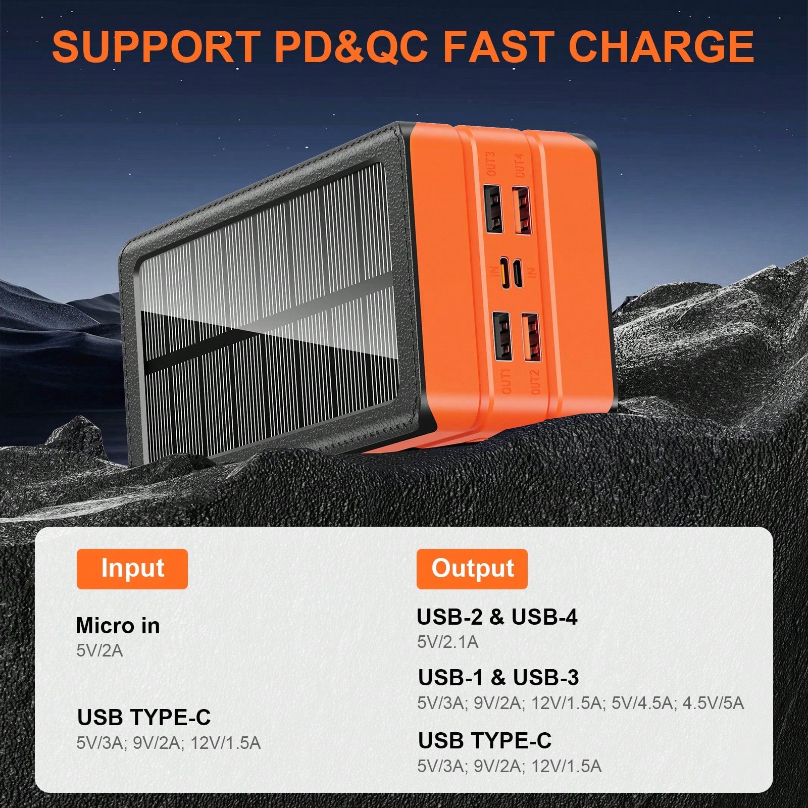 Fast Charging Portable Power Supply Solar Charger Power Bank 80000mAh Portable Charger With USB-C In/Output 22.5W QC3.0 5 Out Ports Battery Pack Built-In 32 Led Flashlights For Smartphone Tablet Campi