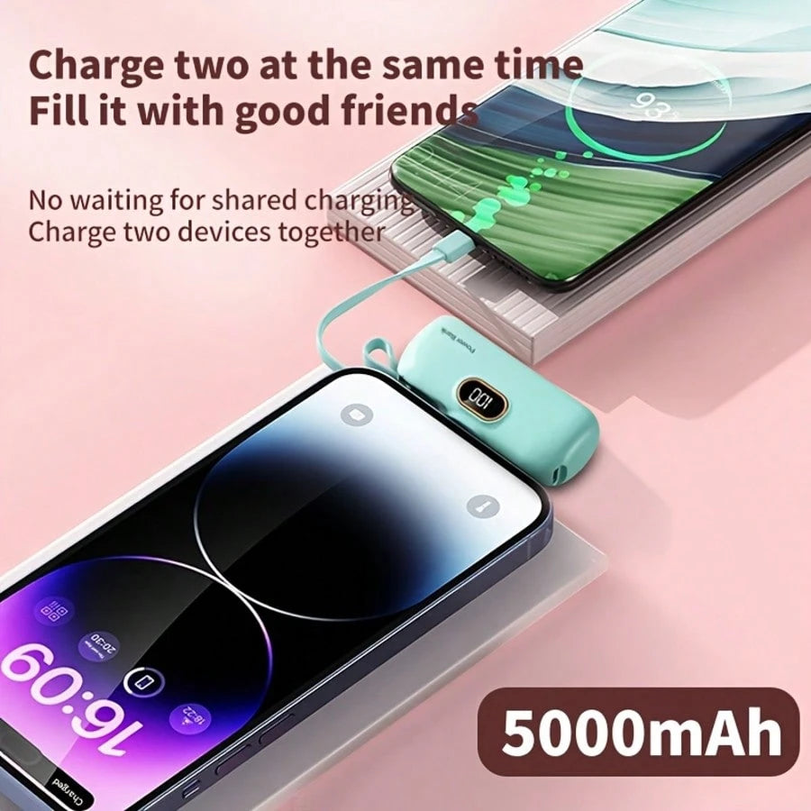 Fast Charging Power Bank With Built-In Cables Portable Power Mini 5000mAh Power Bank, 22.5W Fast-Charging Phone Charger, Built-In Charging Plug And Output Cable, LCD Smart Display, Plug Compatible Wit