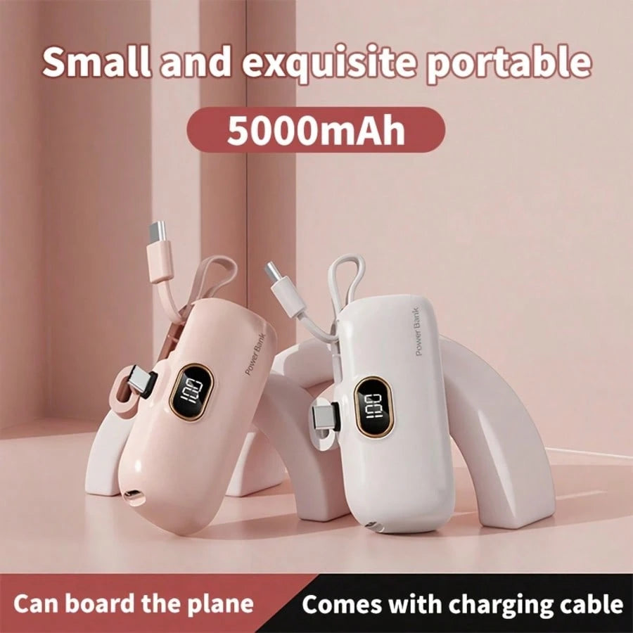 Fast Charging Power Bank With Built-In Cables Portable Power Mini 5000mAh Power Bank, 22.5W Fast-Charging Phone Charger, Built-In Charging Plug And Output Cable, LCD Smart Display, Plug Compatible Wit