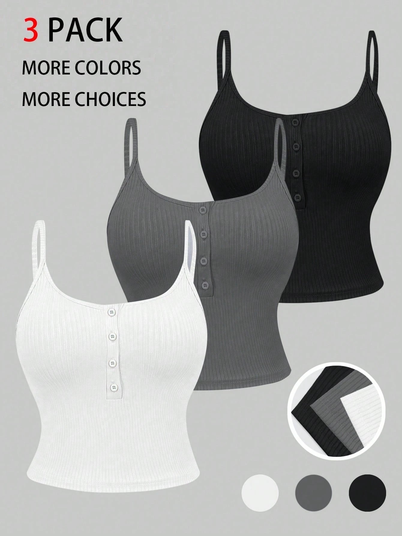 Femesol Solid Color Buttoned Summer Camisole Tank Tops, Set Of Multiple Colors