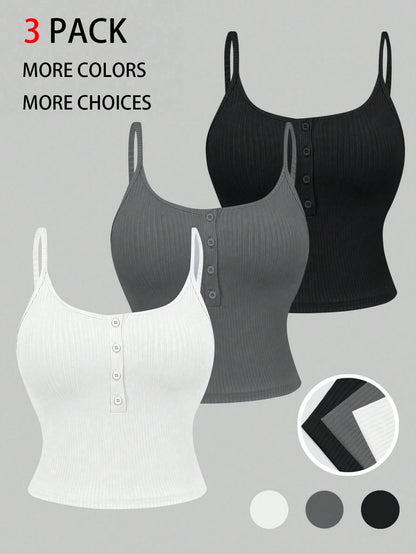 Femesol Solid Color Buttoned Summer Camisole Tank Tops, Set Of Multiple Colors