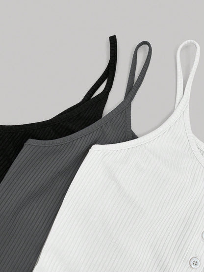 Femesol Solid Color Buttoned Summer Camisole Tank Tops, Set Of Multiple Colors