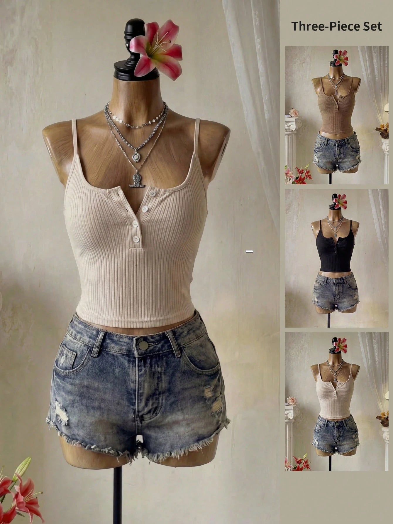 Femesol Solid Color Buttoned Summer Camisole Tank Tops, Set Of Multiple Colors