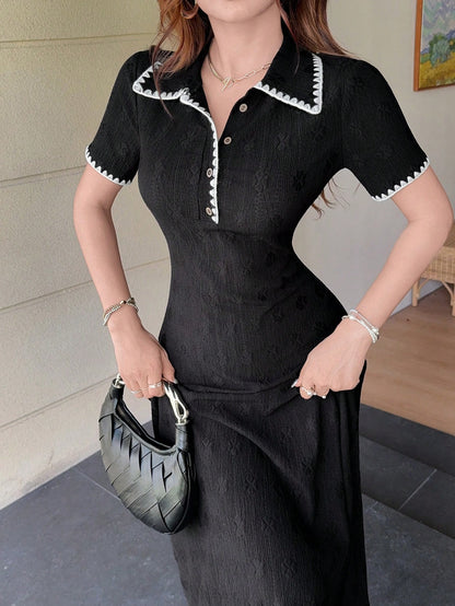 Feyla New Contrast Color Dogstooth Trim Waist A-Line Comfortable Everyday Elegant French Dress Brunch Black Summer