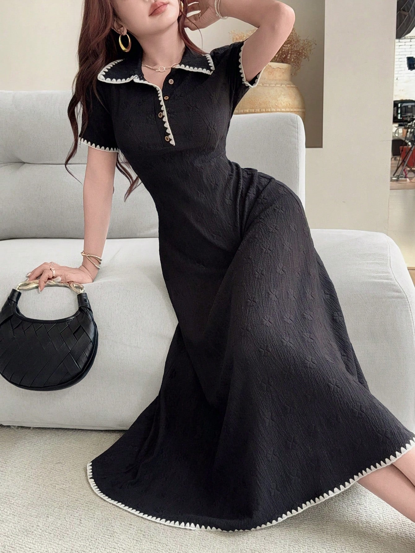 Feyla New Contrast Color Dogstooth Trim Waist A-Line Comfortable Everyday Elegant French Dress Brunch Black Summer