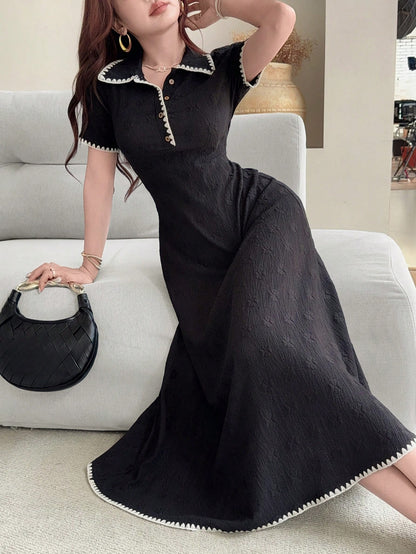 Feyla New Contrast Color Dogstooth Trim Waist A-Line Comfortable Everyday Elegant French Dress Brunch Black Summer