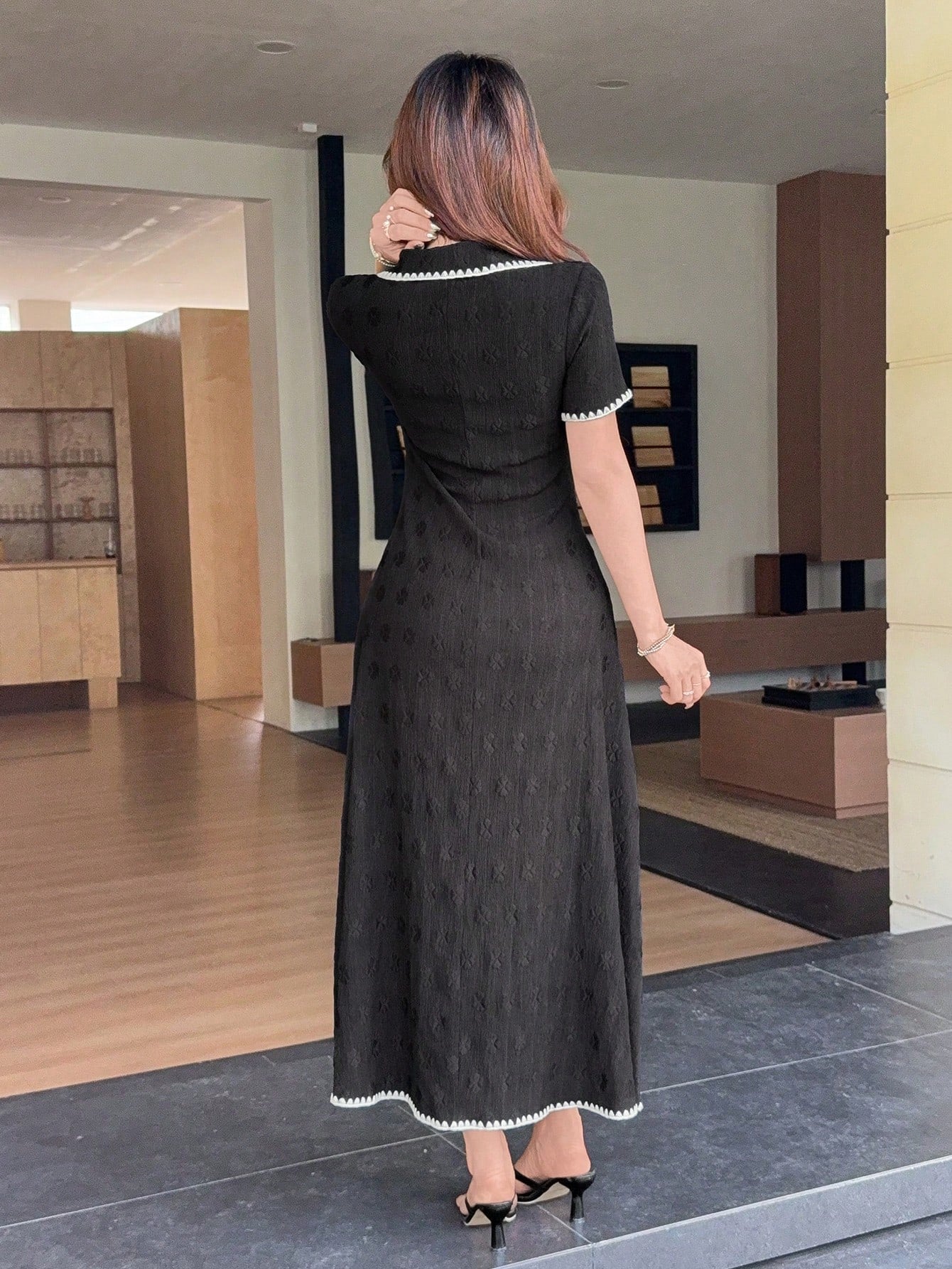 Feyla New Contrast Color Dogstooth Trim Waist A-Line Comfortable Everyday Elegant French Dress Brunch Black Summer