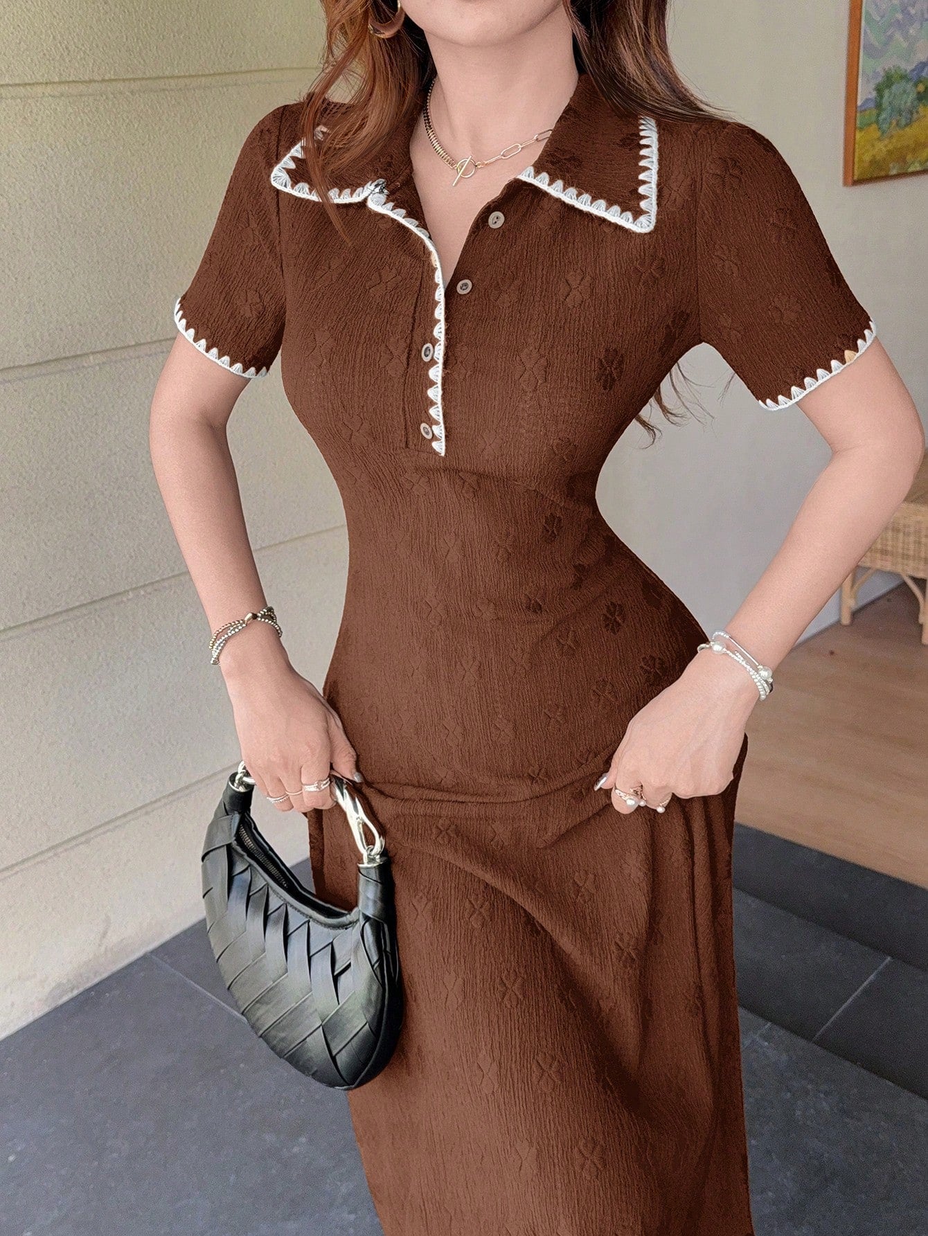 Feyla New Contrast Color Dogstooth Trim Waist A-Line Comfortable Everyday Elegant French Dress Brunch Black Summer