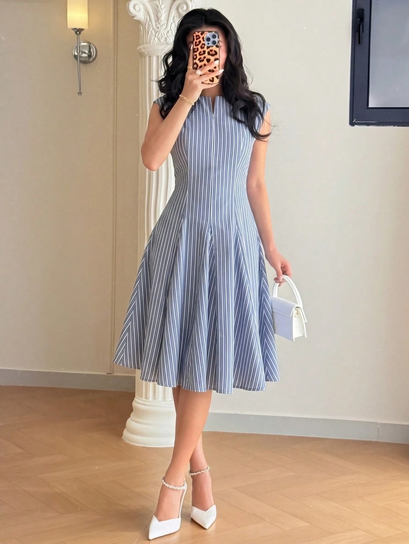Feyla Women's Striped Cutout V-Neck Cap Sleeve Elegant Short Dress