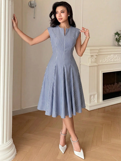 Feyla Women's Striped Cutout V-Neck Cap Sleeve Elegant Short Dress