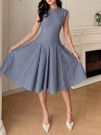 Feyla Women's Striped Cutout V-Neck Cap Sleeve Elegant Short Dress