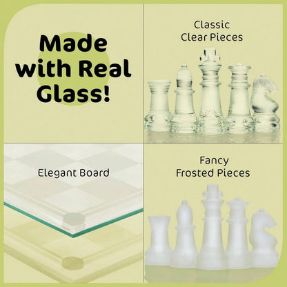 Fine Glass Chess Set, Modern Clear Chess Board Set With Solid Clear Frosted Chess Pieces 9.7'' Crystal Chess Board Set, Felt Padding Included