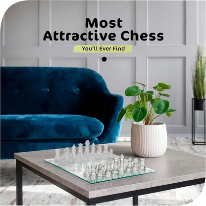 Fine Glass Chess Set, Modern Clear Chess Board Set With Solid Clear Frosted Chess Pieces 9.7'' Crystal Chess Board Set, Felt Padding Included