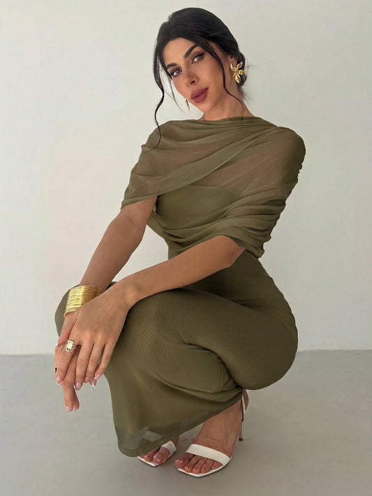 Firerie Elegant Olive Green Solid Color Ruffle Neck Asymmetrical Pleated Waist Fitted Dress,Summer Date Night Beach Party Wedding Guest Outfits For Women