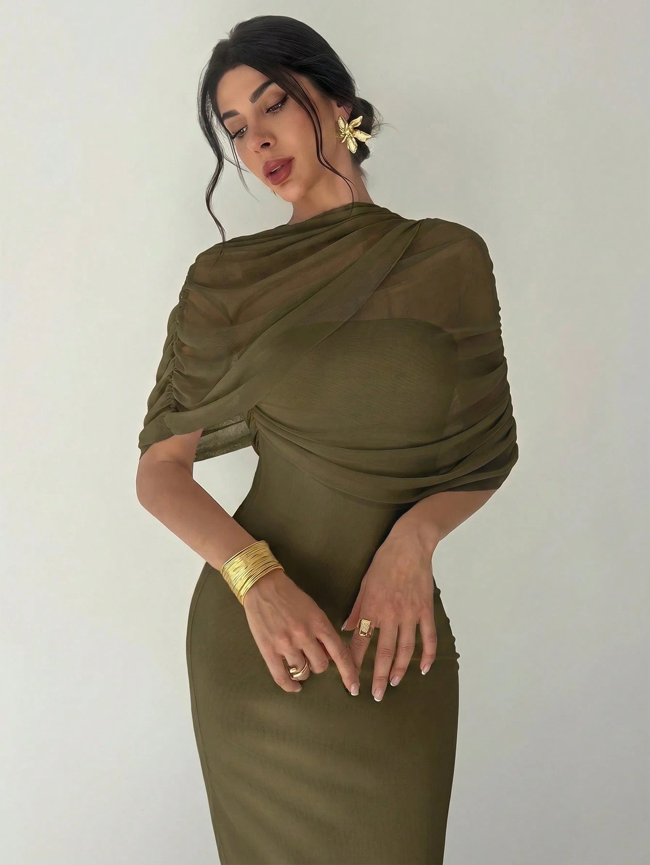 Firerie Elegant Olive Green Solid Color Ruffle Neck Asymmetrical Pleated Waist Fitted Dress,Summer Date Night Beach Party Wedding Guest Outfits For Women