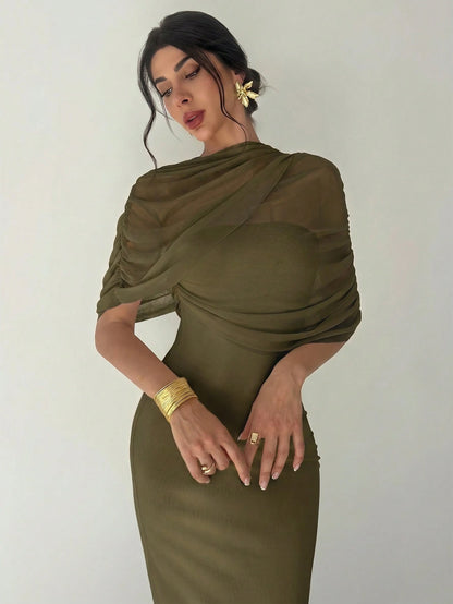 Firerie Elegant Olive Green Solid Color Ruffle Neck Asymmetrical Pleated Waist Fitted Dress,Summer Date Night Beach Party Wedding Guest Outfits For Women