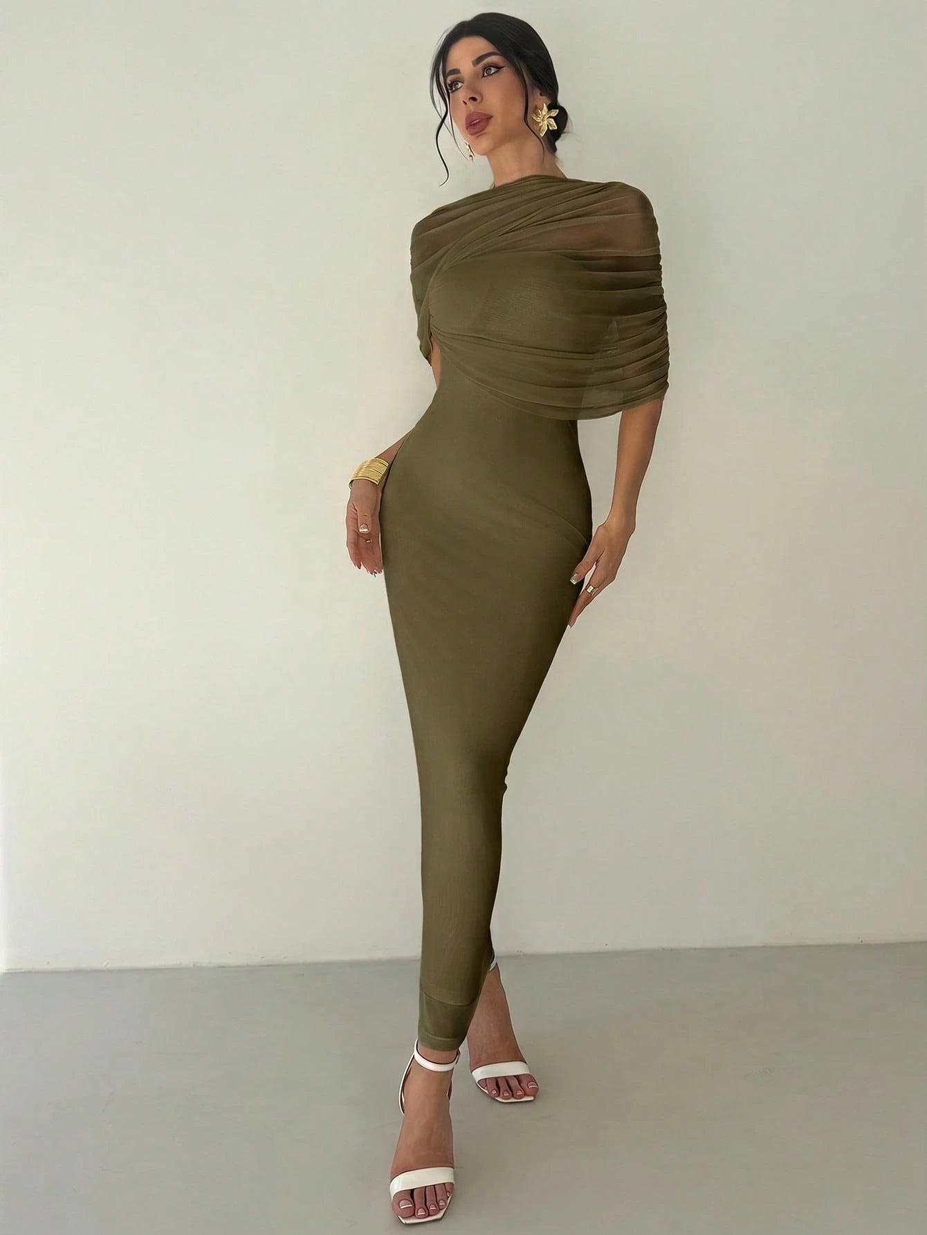 Firerie Elegant Olive Green Solid Color Ruffle Neck Asymmetrical Pleated Waist Fitted Dress,Summer Date Night Beach Party Wedding Guest Outfits For Women