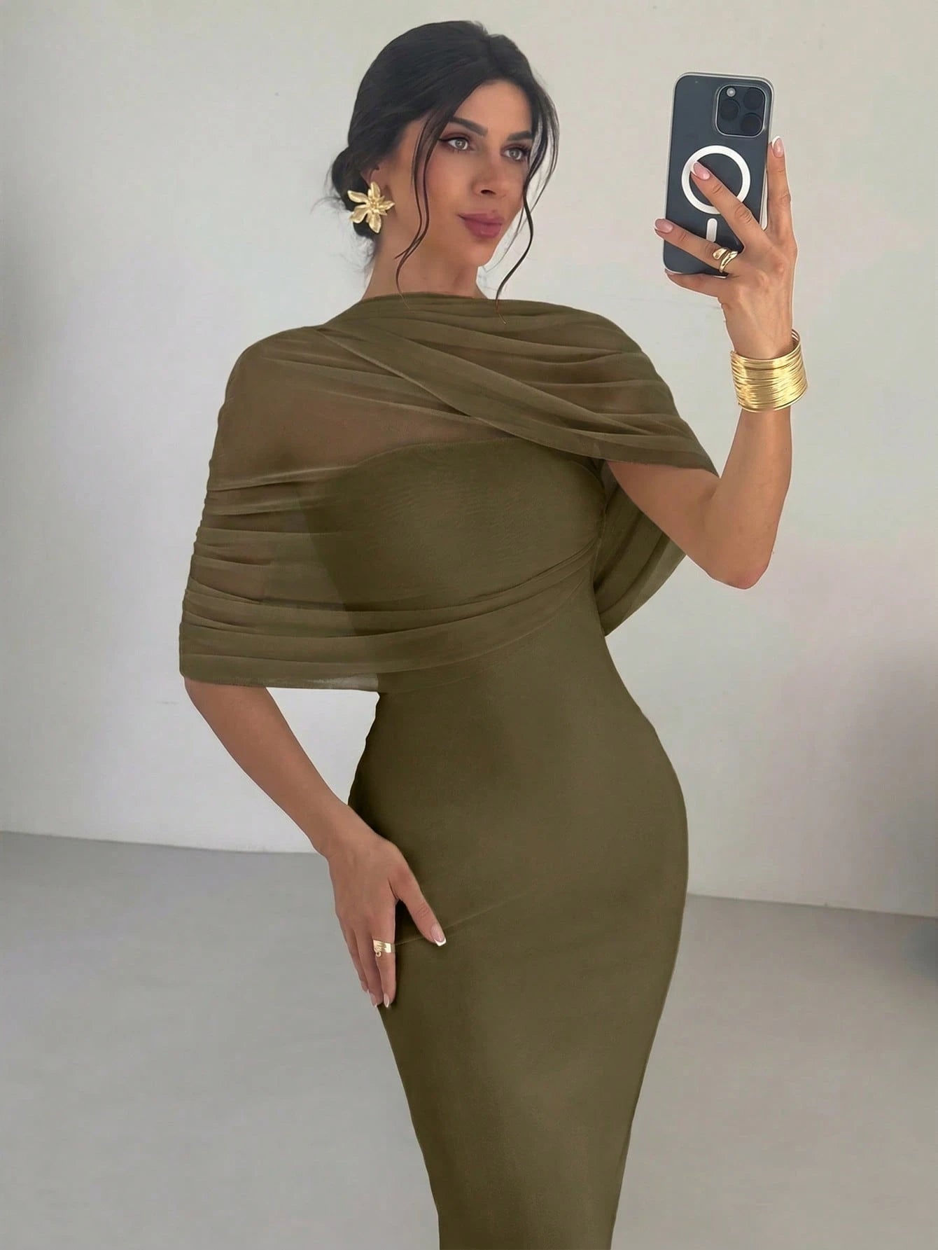 Firerie Elegant Olive Green Solid Color Ruffle Neck Asymmetrical Pleated Waist Fitted Dress,Summer Date Night Beach Party Wedding Guest Outfits For Women