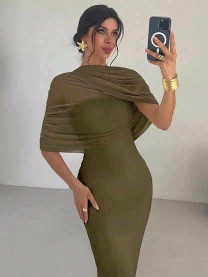 Firerie Elegant Olive Green Solid Color Ruffle Neck Asymmetrical Pleated Waist Fitted Dress,Summer Date Night Beach Party Wedding Guest Outfits For Women
