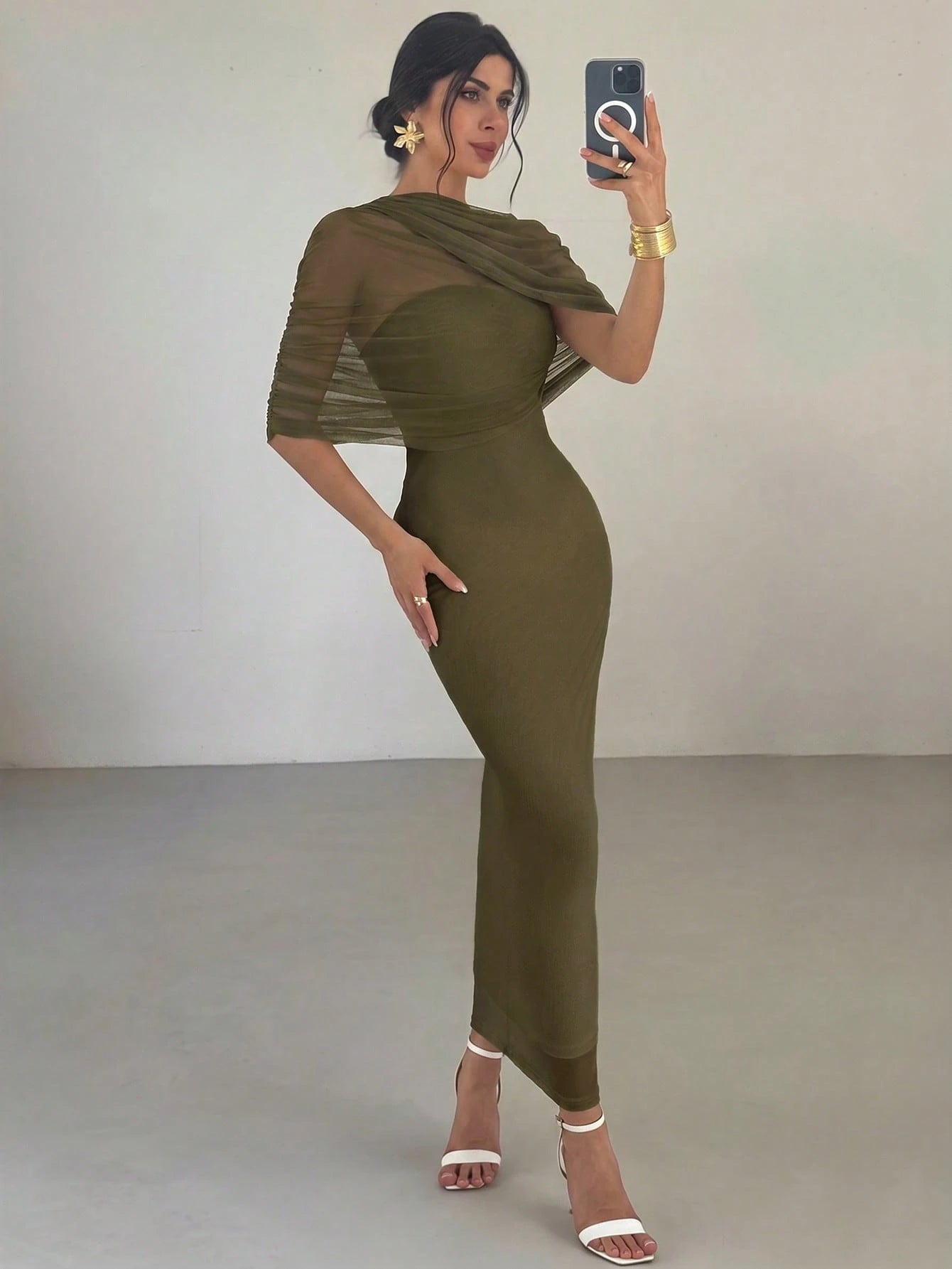 Firerie Elegant Olive Green Solid Color Ruffle Neck Asymmetrical Pleated Waist Fitted Dress,Summer Date Night Beach Party Wedding Guest Outfits For Women