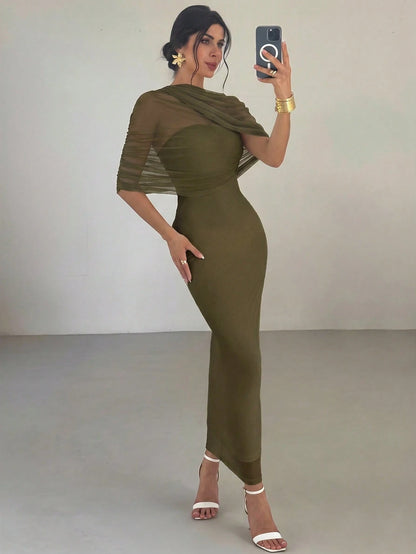 Firerie Elegant Olive Green Solid Color Ruffle Neck Asymmetrical Pleated Waist Fitted Dress,Summer Date Night Beach Party Wedding Guest Outfits For Women