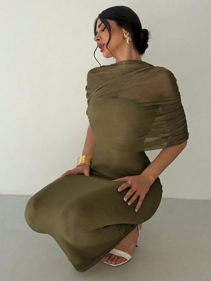 Firerie Elegant Olive Green Solid Color Ruffle Neck Asymmetrical Pleated Waist Fitted Dress,Summer Date Night Beach Party Wedding Guest Outfits For Women