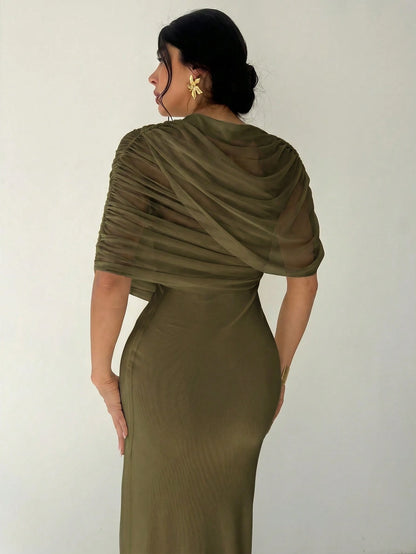 Firerie Elegant Olive Green Solid Color Ruffle Neck Asymmetrical Pleated Waist Fitted Dress,Summer Date Night Beach Party Wedding Guest Outfits For Women