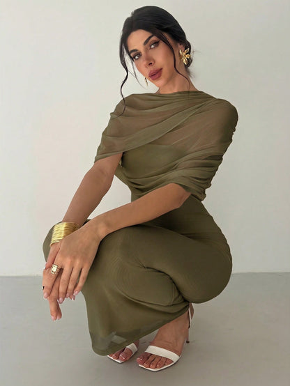 Firerie Elegant Olive Green Solid Color Ruffle Neck Asymmetrical Pleated Waist Fitted Dress,Summer Date Night Beach Party Wedding Guest Outfits For Women