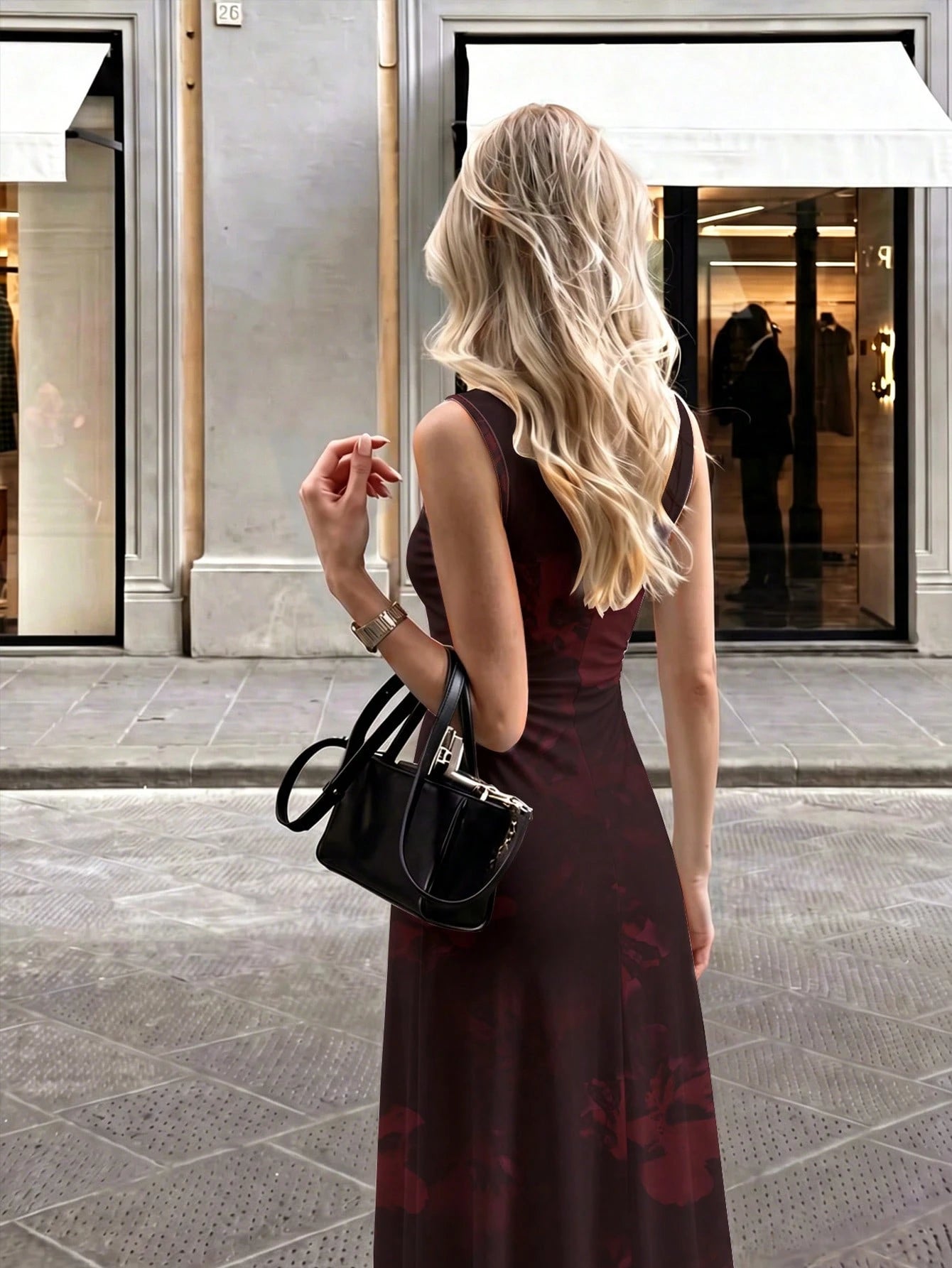 Firerie New Minimalist Elegant Romantic Date Dinner Daily Commute Dark Blue Small Stand Collar Sleeveless Cinched Waist Pleated A-Line Maxi Dress Autumn